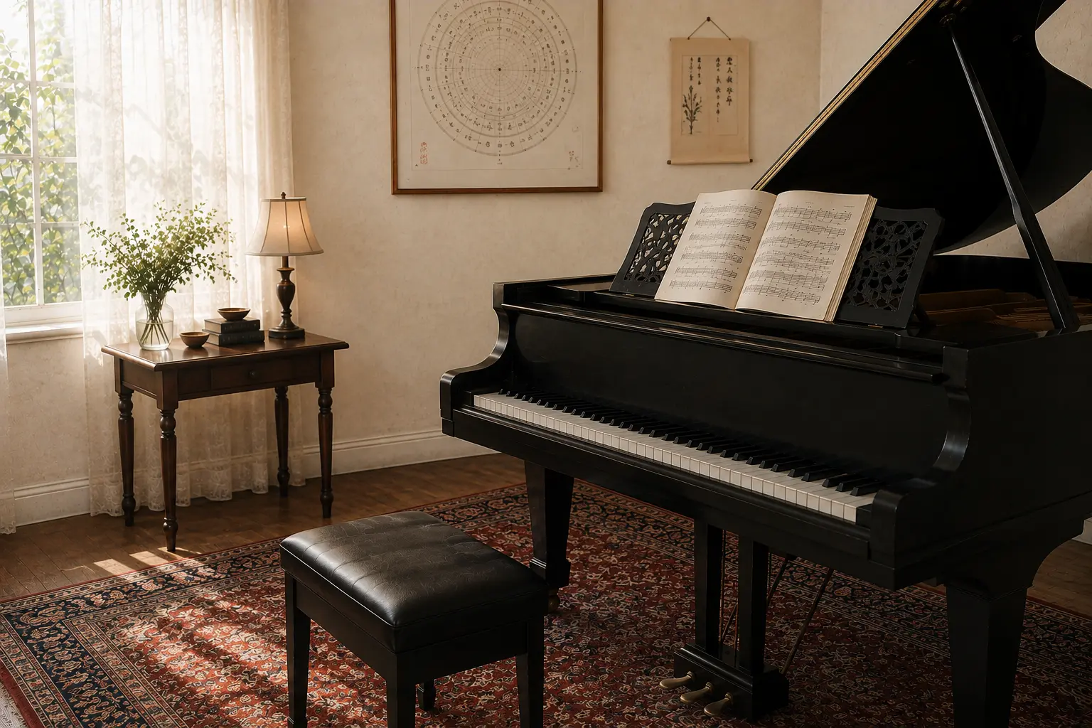 光の入る部屋に置かれたグランドピアノ